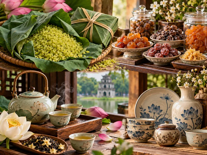 Cốm, ô mai, trà sen và gốm Bát Tràng là những món quà dễ chọn